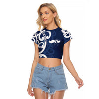 New Zealand Maori Mo Bros Raglan Cropped T Shirt Blue Ribbon With Koru Kowhaiwhai LT7 Female Blue - Polynesian Pride