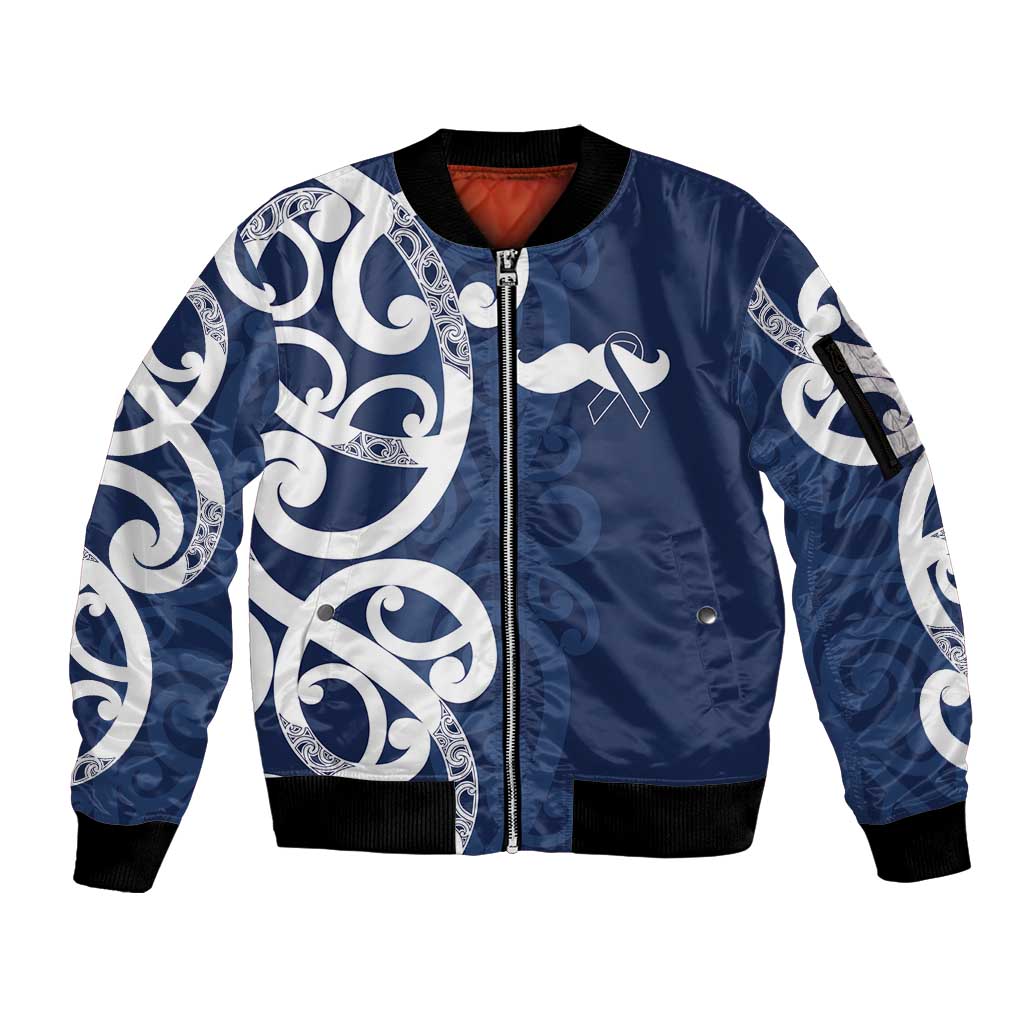 New Zealand Maori Mo Bros Sleeve Zip Bomber Jacket Blue Ribbon With Koru Kowhaiwhai LT7 Unisex Blue - Polynesian Pride