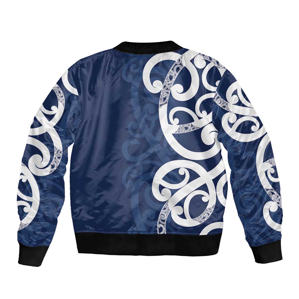 New Zealand Maori Mo Bros Sleeve Zip Bomber Jacket Blue Ribbon With Koru Kowhaiwhai LT7 - Polynesian Pride
