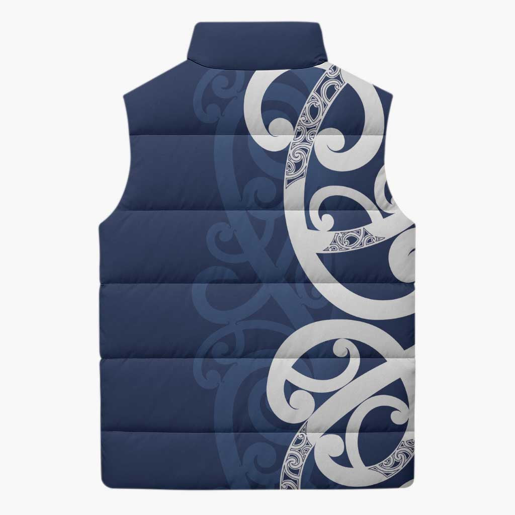 New Zealand Maori Mo Bros Sleeveless Puffer Jacket Blue Ribbon With Koru Kowhaiwhai LT7 - Polynesian Pride