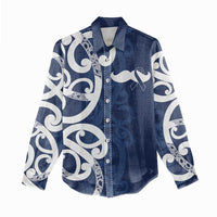 New Zealand Maori Mo Bros Women Casual Shirt Blue Ribbon With Koru Kowhaiwhai - Polynesian Pride