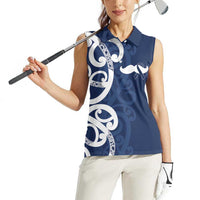 New Zealand Maori Mo Bros Women Sleeveless Polo Shirt Blue Ribbon With Koru Kowhaiwhai LT7 - Polynesian Pride
