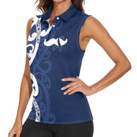 New Zealand Maori Mo Bros Women Sleeveless Polo Shirt Blue Ribbon With Koru Kowhaiwhai LT7 - Polynesian Pride