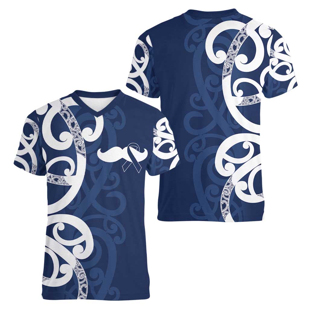 New Zealand Maori Mo Bros Women V-Neck T-Shirt Blue Ribbon With Koru Kowhaiwhai LT7 - Polynesian Pride