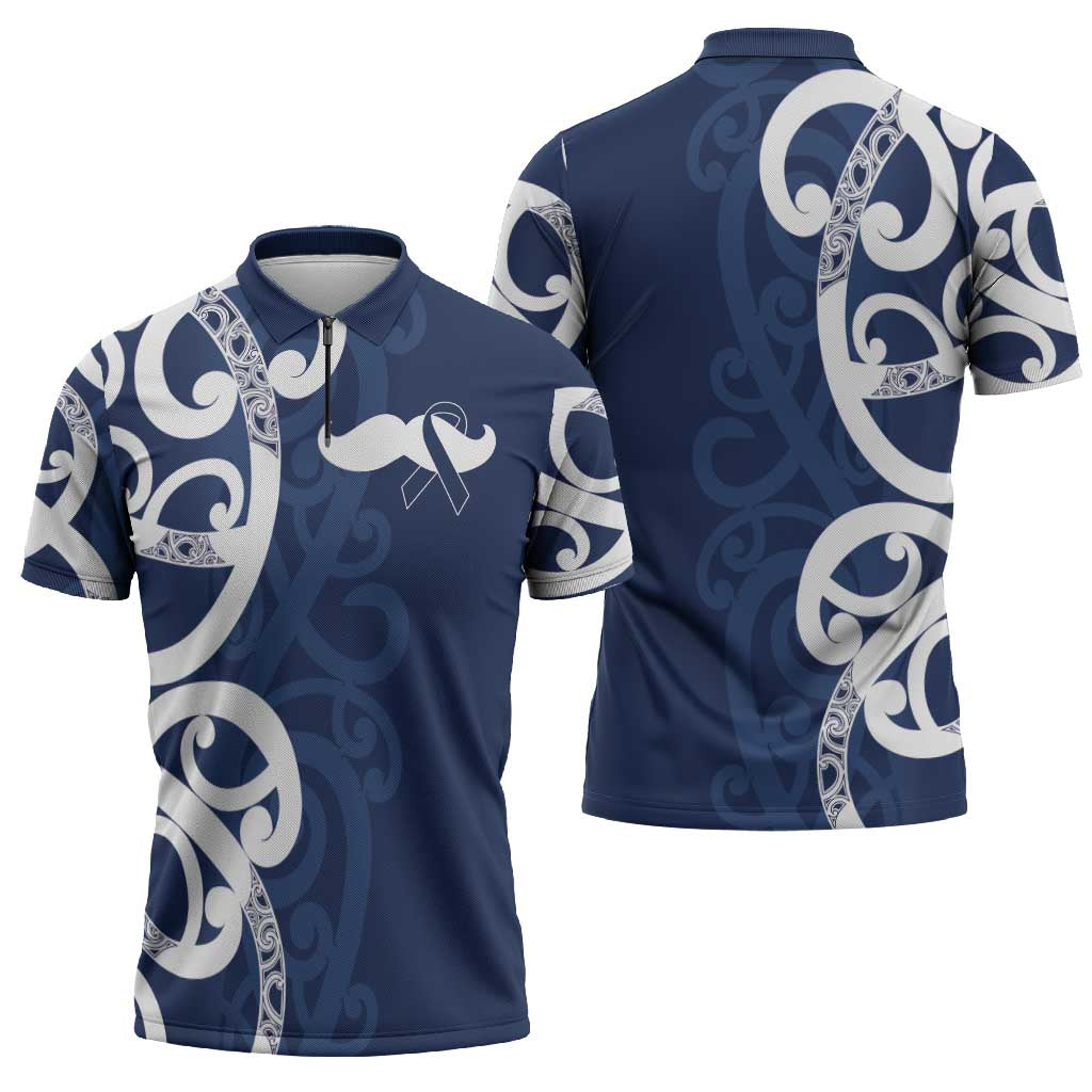 New Zealand Maori Mo Bros Zipper Polo Shirt Blue Ribbon With Koru Kowhaiwhai LT7 - Polynesian Pride