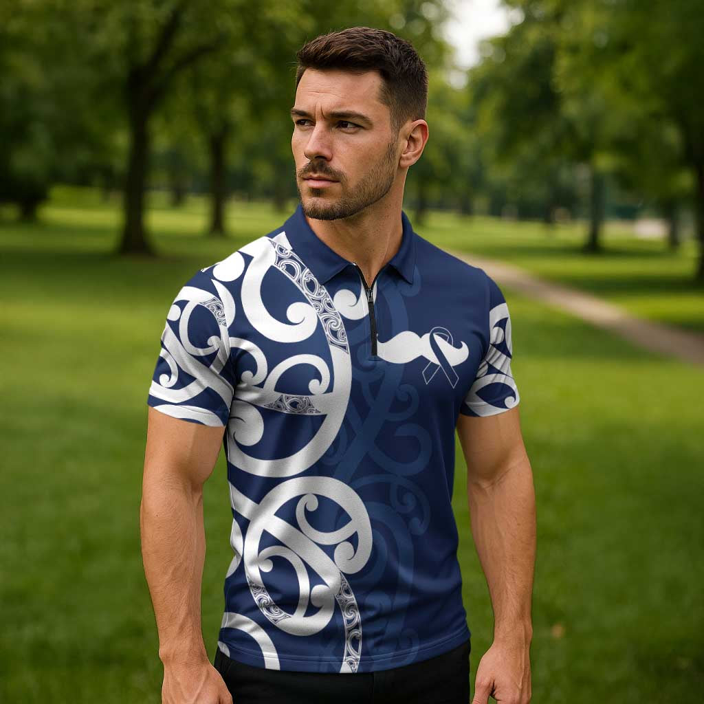 New Zealand Maori Mo Bros Zipper Polo Shirt Blue Ribbon With Koru Kowhaiwhai LT7 - Polynesian Pride