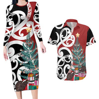New Zealand Silver Fern Christmas Tree Couples Matching Long Sleeve Bodycon Dress and Hawaiian Shirt Meri Kirihimete LT7 Red - Polynesian Pride