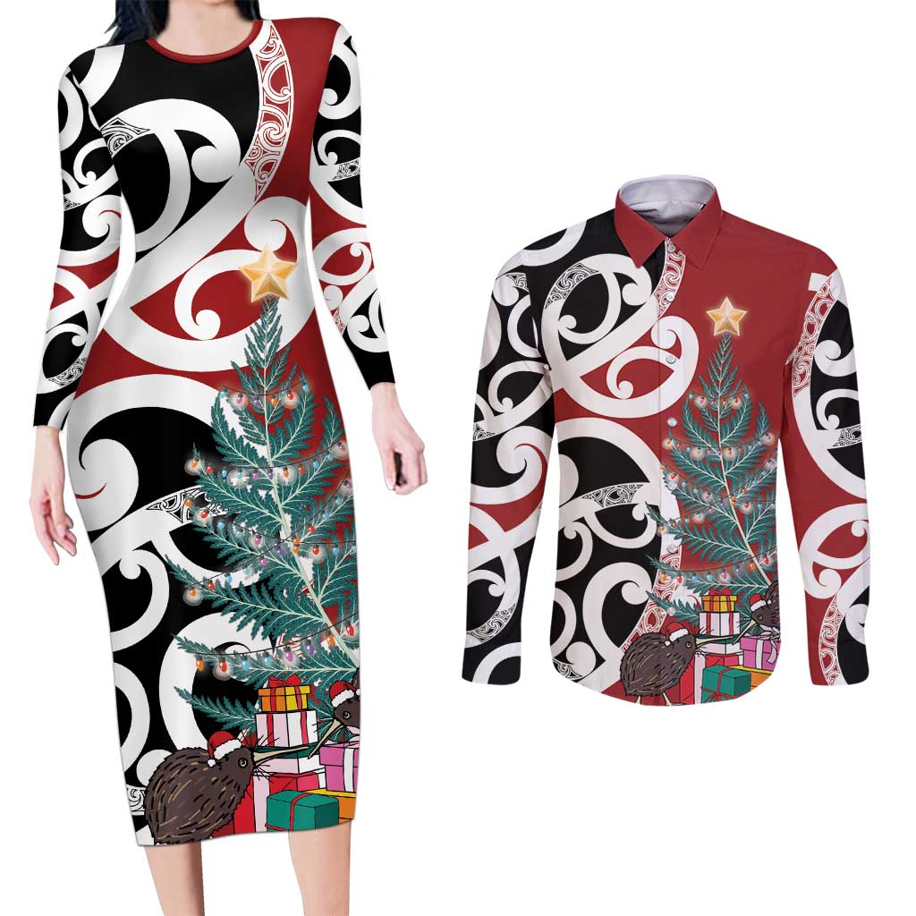 New Zealand Silver Fern Christmas Tree Couples Matching Long Sleeve Bodycon Dress and Long Sleeve Button Shirt Meri Kirihimete LT7 Red - Polynesian Pride