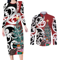 New Zealand Silver Fern Christmas Tree Couples Matching Long Sleeve Bodycon Dress and Long Sleeve Button Shirt Meri Kirihimete LT7 Red - Polynesian Pride