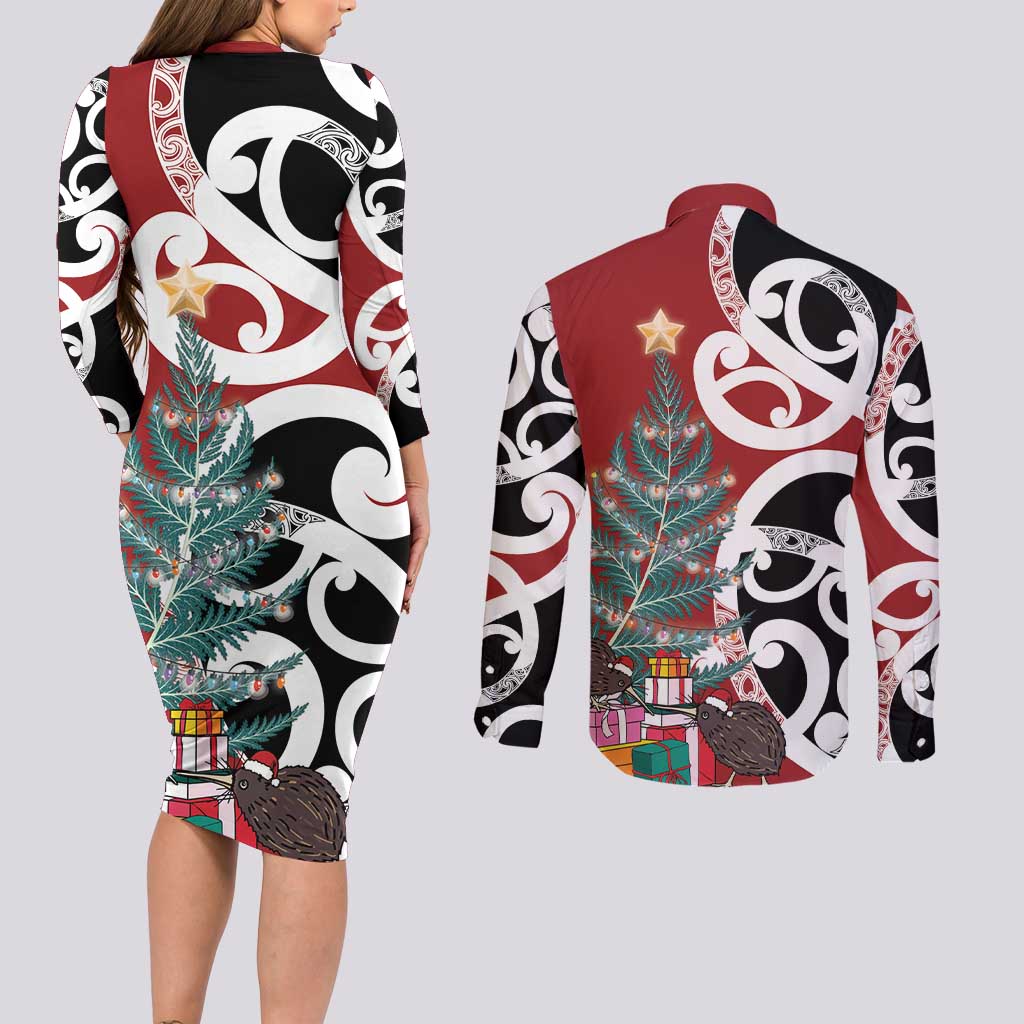 New Zealand Silver Fern Christmas Tree Couples Matching Long Sleeve Bodycon Dress and Long Sleeve Button Shirt Meri Kirihimete LT7 - Polynesian Pride