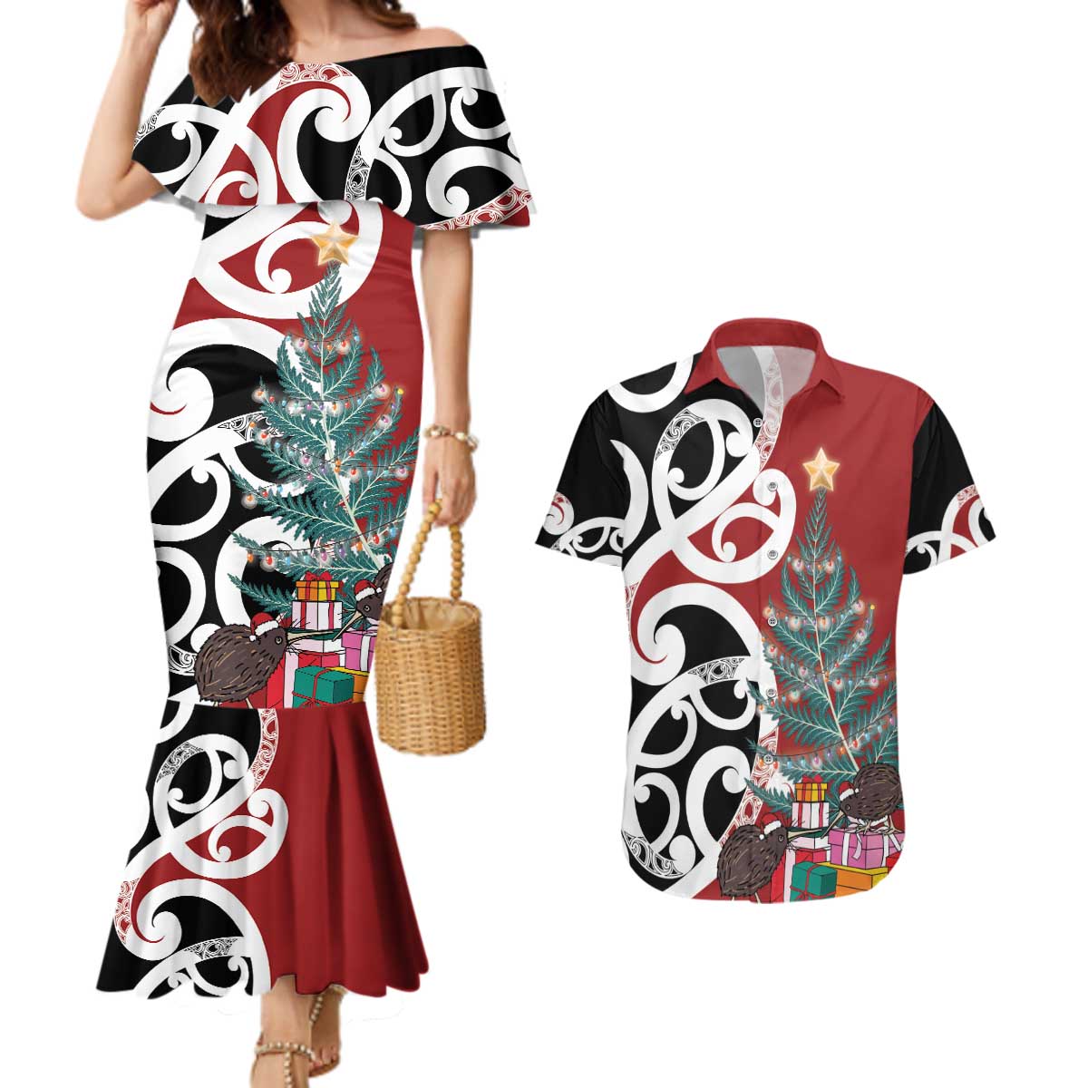 New Zealand Silver Fern Christmas Tree Couples Matching Mermaid Dress and Hawaiian Shirt Meri Kirihimete LT7 Red - Polynesian Pride