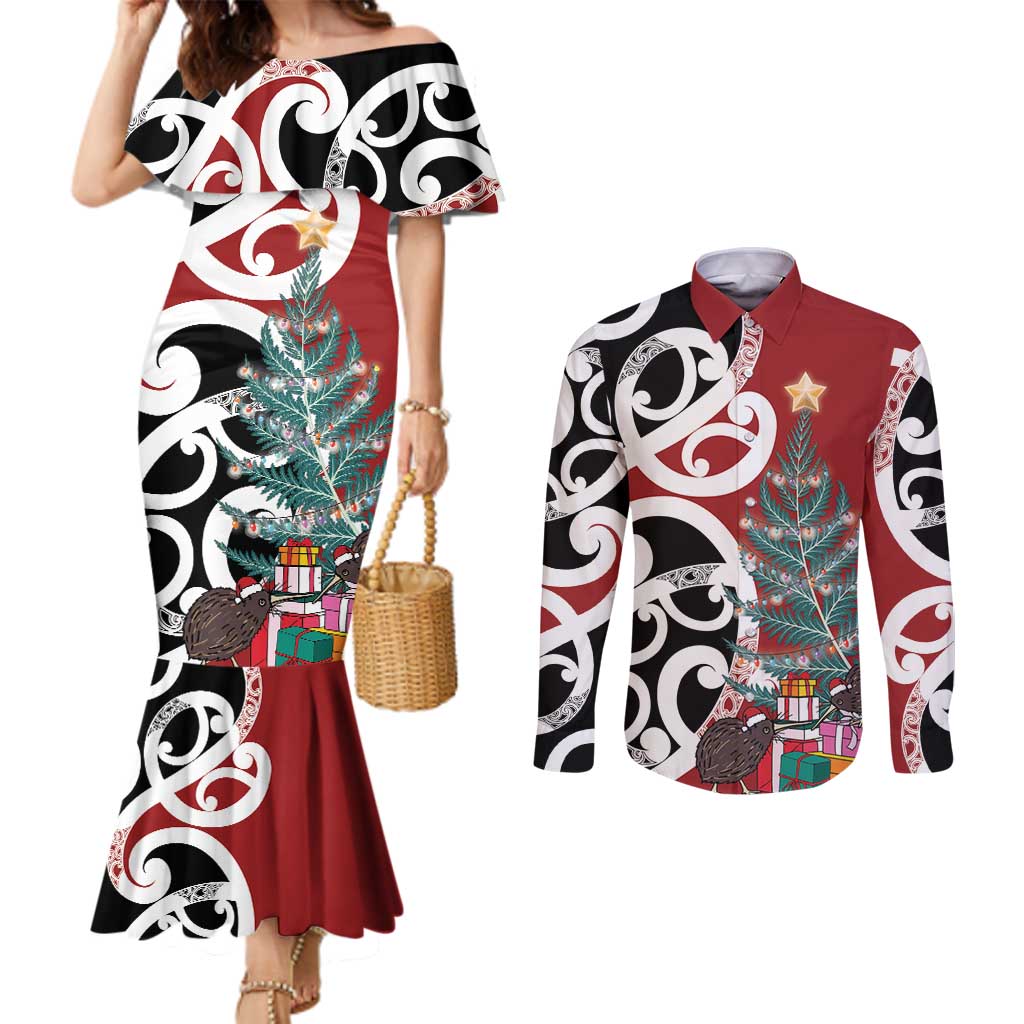 New Zealand Silver Fern Christmas Tree Couples Matching Mermaid Dress and Long Sleeve Button Shirt Meri Kirihimete - Polynesian Pride