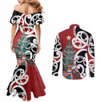 New Zealand Silver Fern Christmas Tree Couples Matching Mermaid Dress and Long Sleeve Button Shirt Meri Kirihimete LT7 - Polynesian Pride