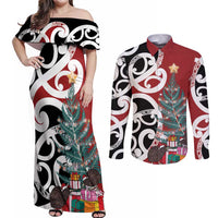 New Zealand Silver Fern Christmas Tree Couples Matching Off Shoulder Maxi Dress and Long Sleeve Button Shirt Meri Kirihimete LT7 Red - Polynesian Pride