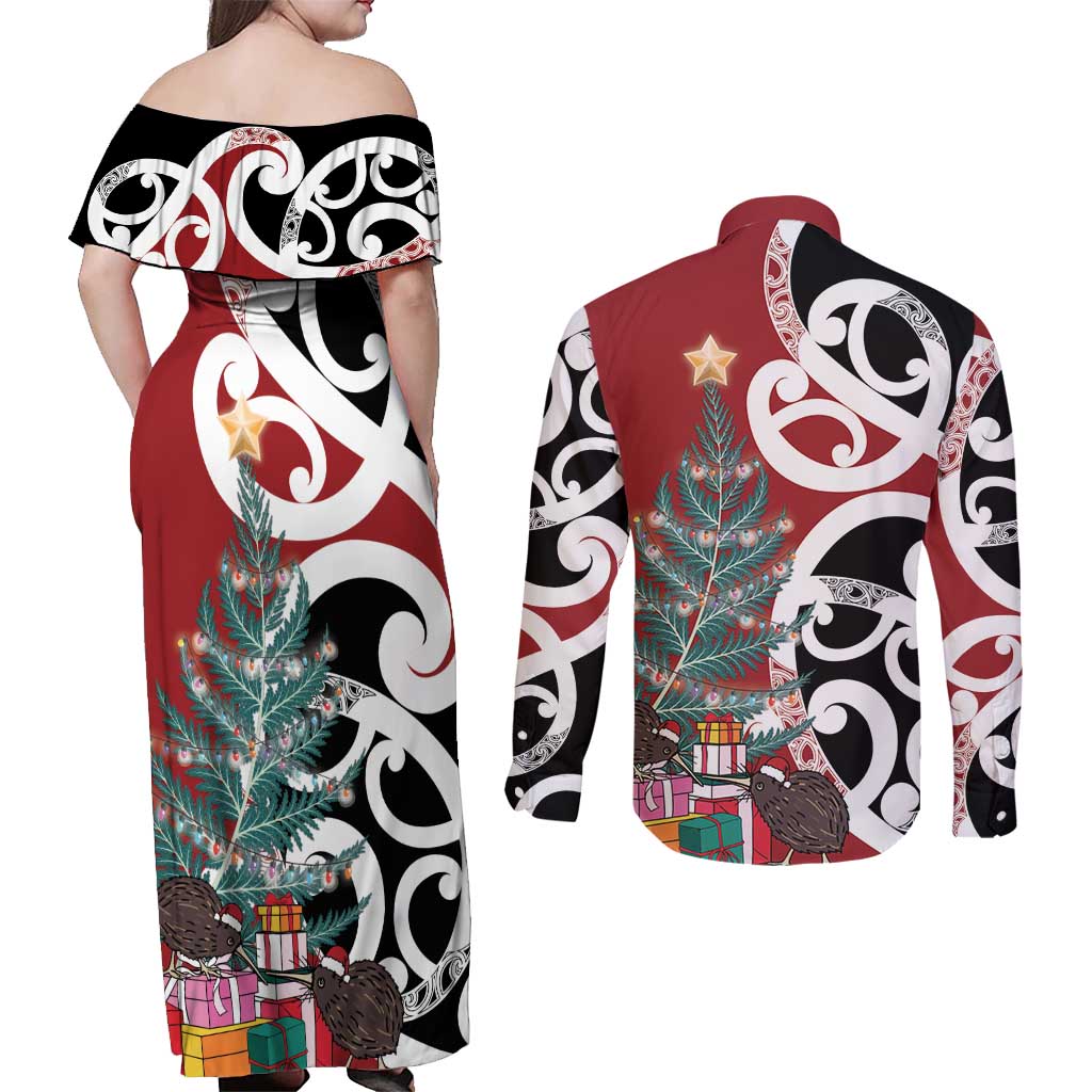 New Zealand Silver Fern Christmas Tree Couples Matching Off Shoulder Maxi Dress and Long Sleeve Button Shirt Meri Kirihimete LT7 - Polynesian Pride