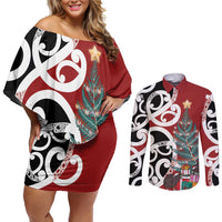 New Zealand Silver Fern Christmas Tree Couples Matching Off Shoulder Short Dress and Long Sleeve Button Shirt Meri Kirihimete LT7 Red - Polynesian Pride