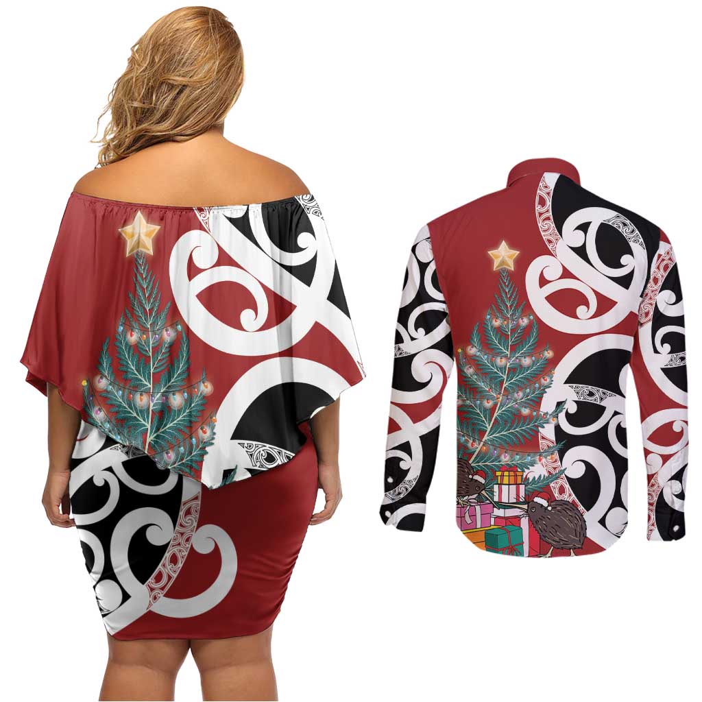 New Zealand Silver Fern Christmas Tree Couples Matching Off Shoulder Short Dress and Long Sleeve Button Shirt Meri Kirihimete LT7 - Polynesian Pride