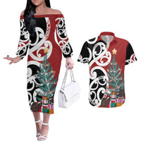 New Zealand Silver Fern Christmas Tree Couples Matching Off The Shoulder Long Sleeve Dress and Hawaiian Shirt Meri Kirihimete LT7 Red - Polynesian Pride