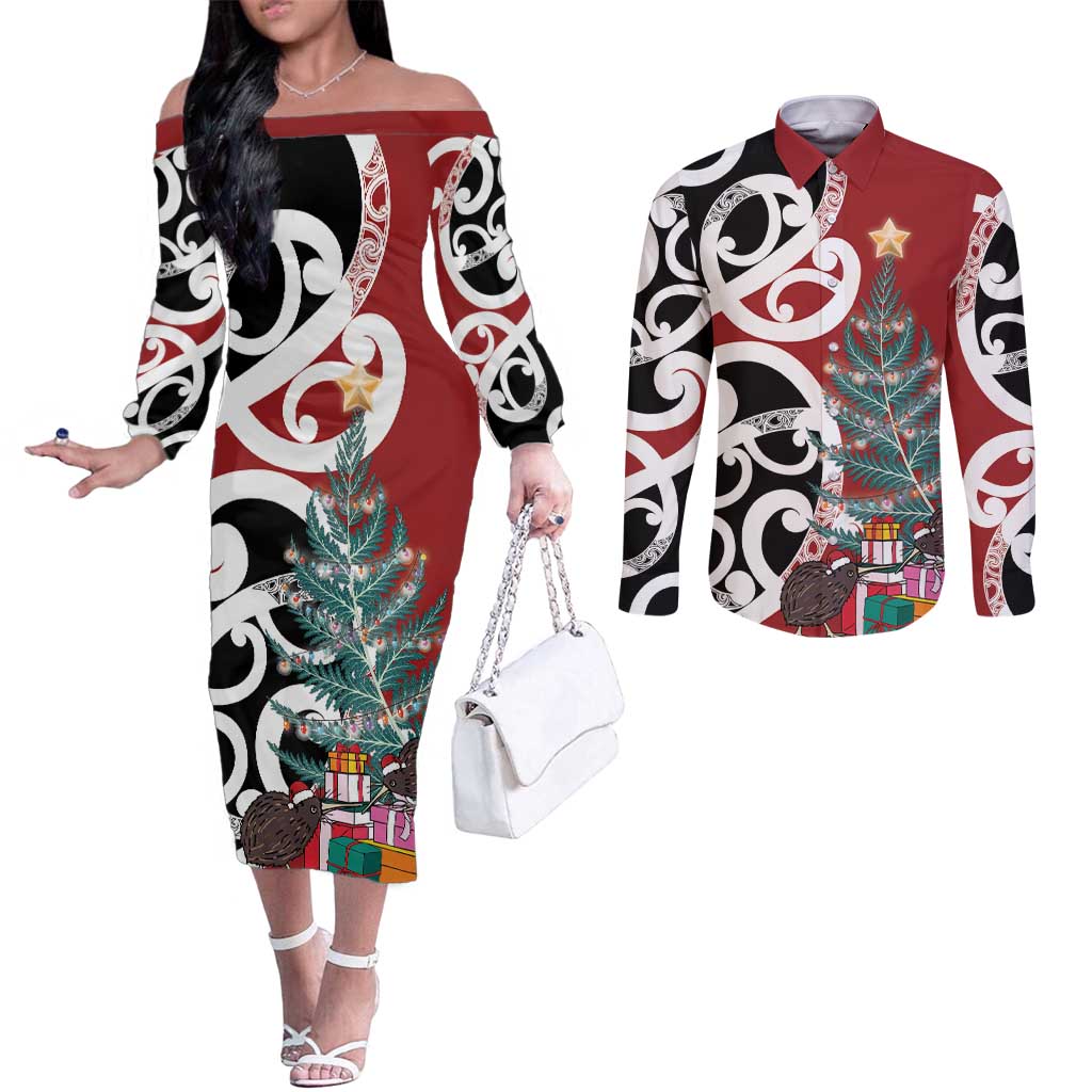 New Zealand Silver Fern Christmas Tree Couples Matching Off The Shoulder Long Sleeve Dress and Long Sleeve Button Shirt Meri Kirihimete LT7 Red - Polynesian Pride