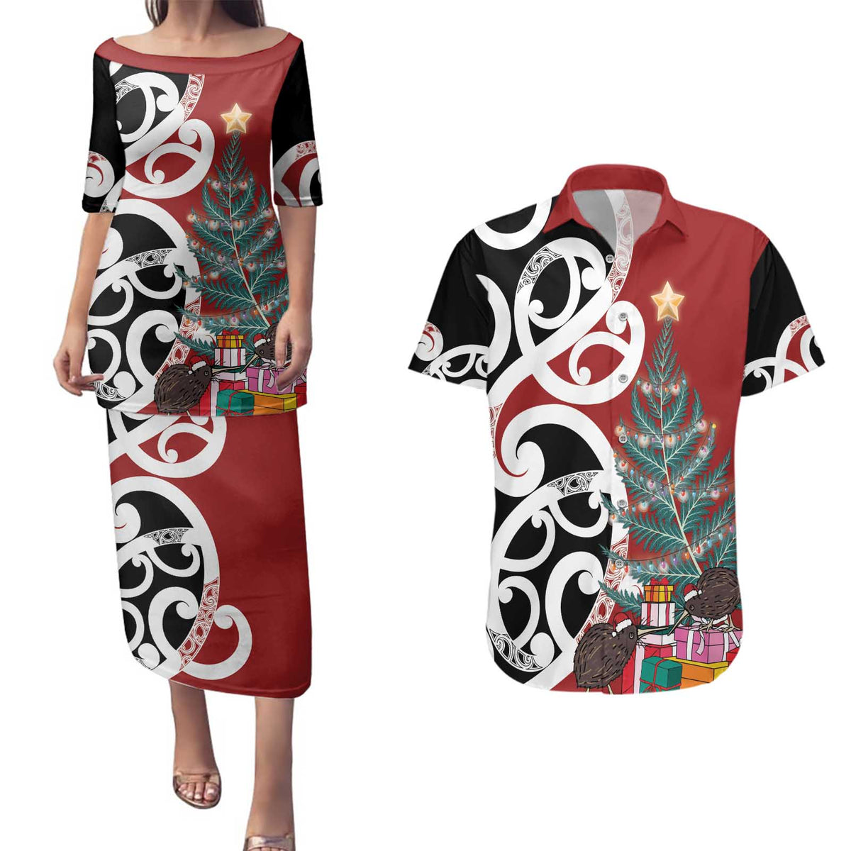 New Zealand Silver Fern Christmas Tree Couples Matching Puletasi and Hawaiian Shirt Meri Kirihimete LT7 Red - Polynesian Pride
