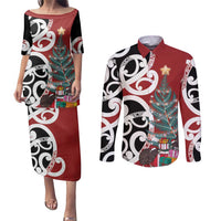New Zealand Silver Fern Christmas Tree Couples Matching Puletasi and Long Sleeve Button Shirt Meri Kirihimete LT7 Red - Polynesian Pride