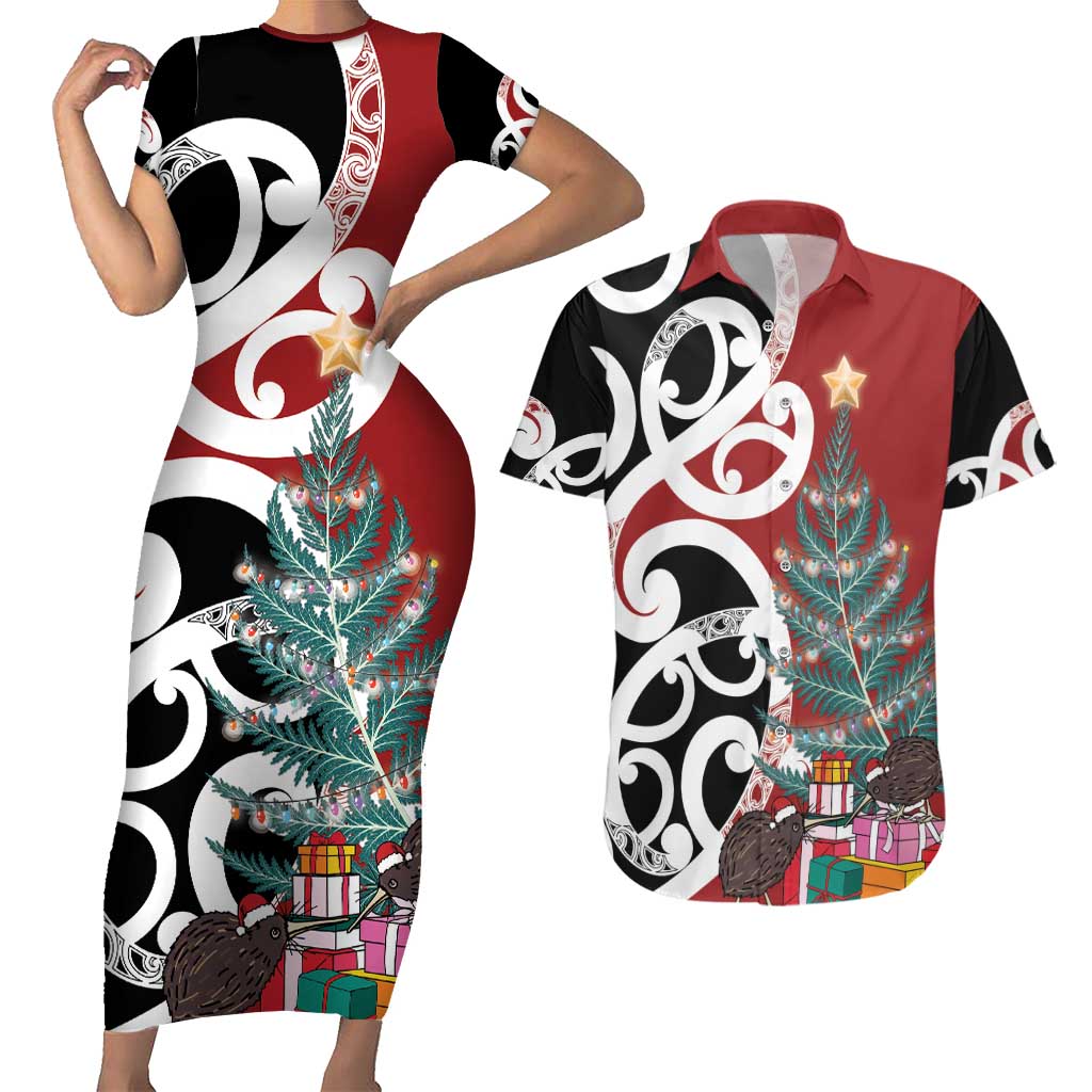 New Zealand Silver Fern Christmas Tree Couples Matching Short Sleeve Bodycon Dress and Hawaiian Shirt Meri Kirihimete LT7 Red - Polynesian Pride
