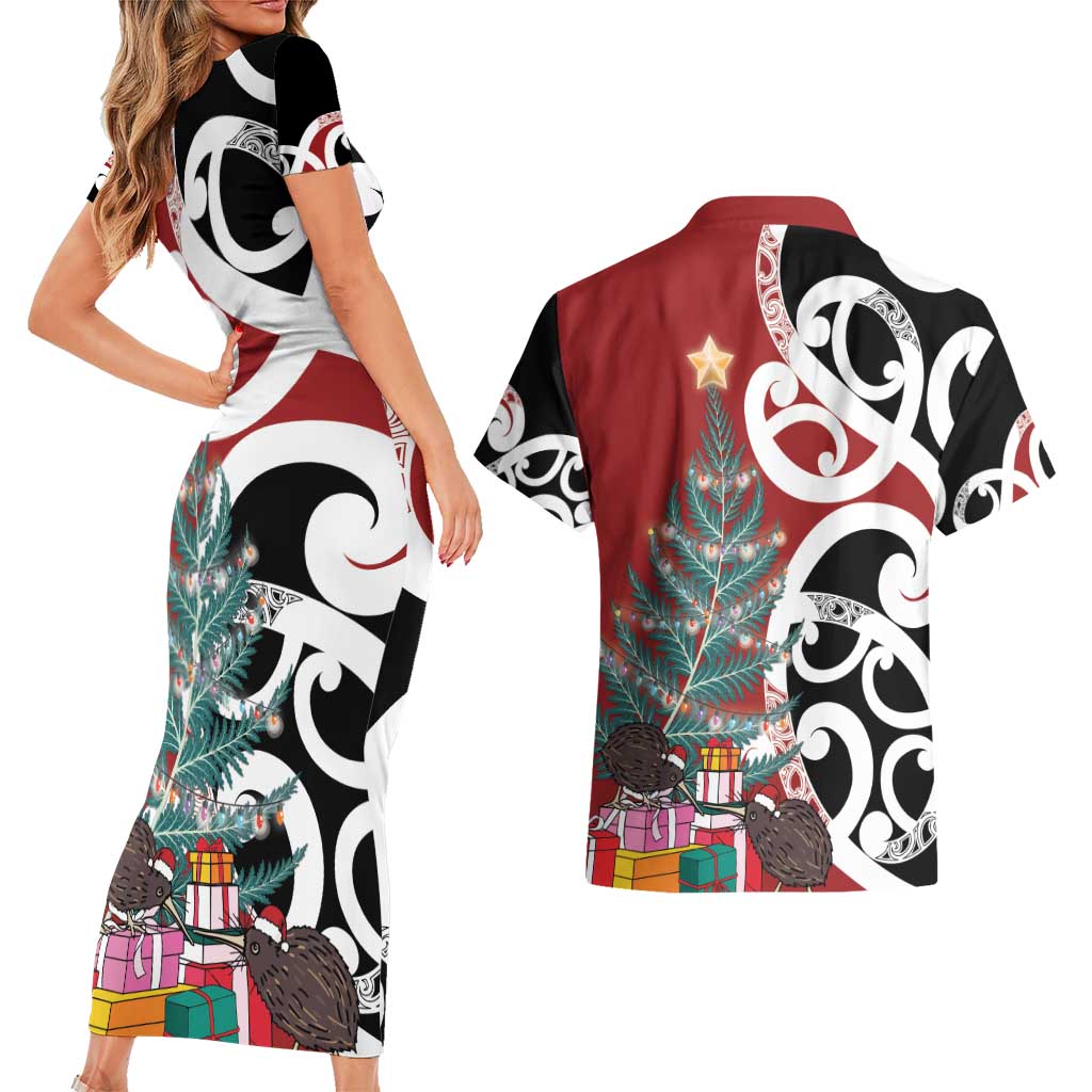 New Zealand Silver Fern Christmas Tree Couples Matching Short Sleeve Bodycon Dress and Hawaiian Shirt Meri Kirihimete LT7 - Polynesian Pride