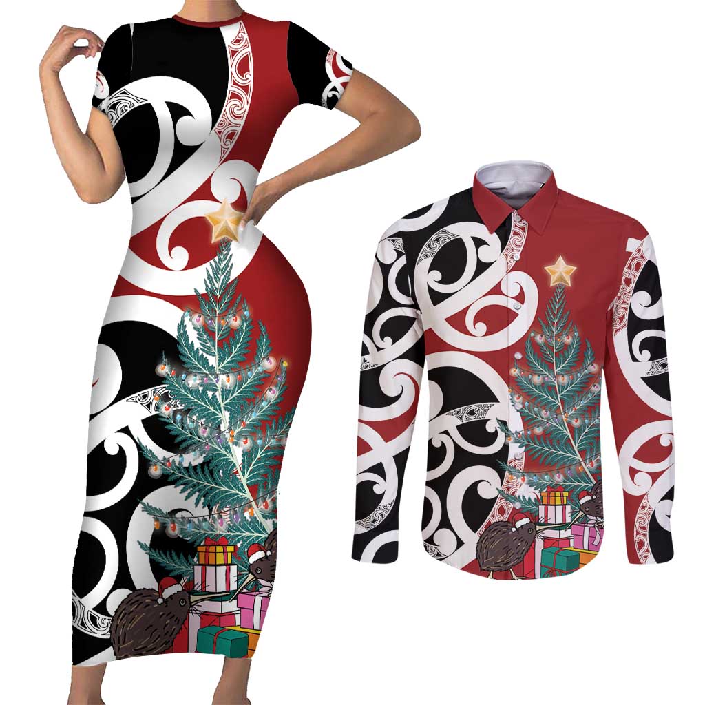 New Zealand Silver Fern Christmas Tree Couples Matching Short Sleeve Bodycon Dress and Long Sleeve Button Shirt Meri Kirihimete LT7 Red - Polynesian Pride