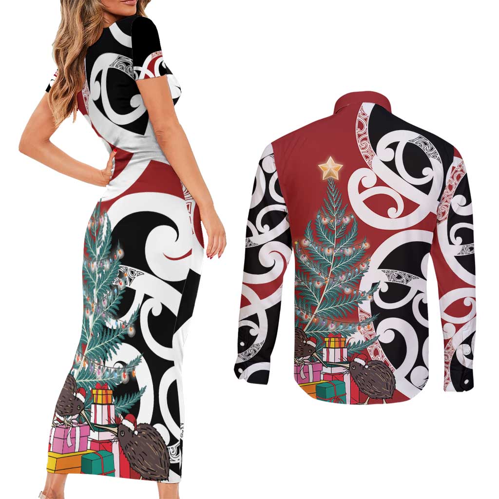 New Zealand Silver Fern Christmas Tree Couples Matching Short Sleeve Bodycon Dress and Long Sleeve Button Shirt Meri Kirihimete LT7 - Polynesian Pride