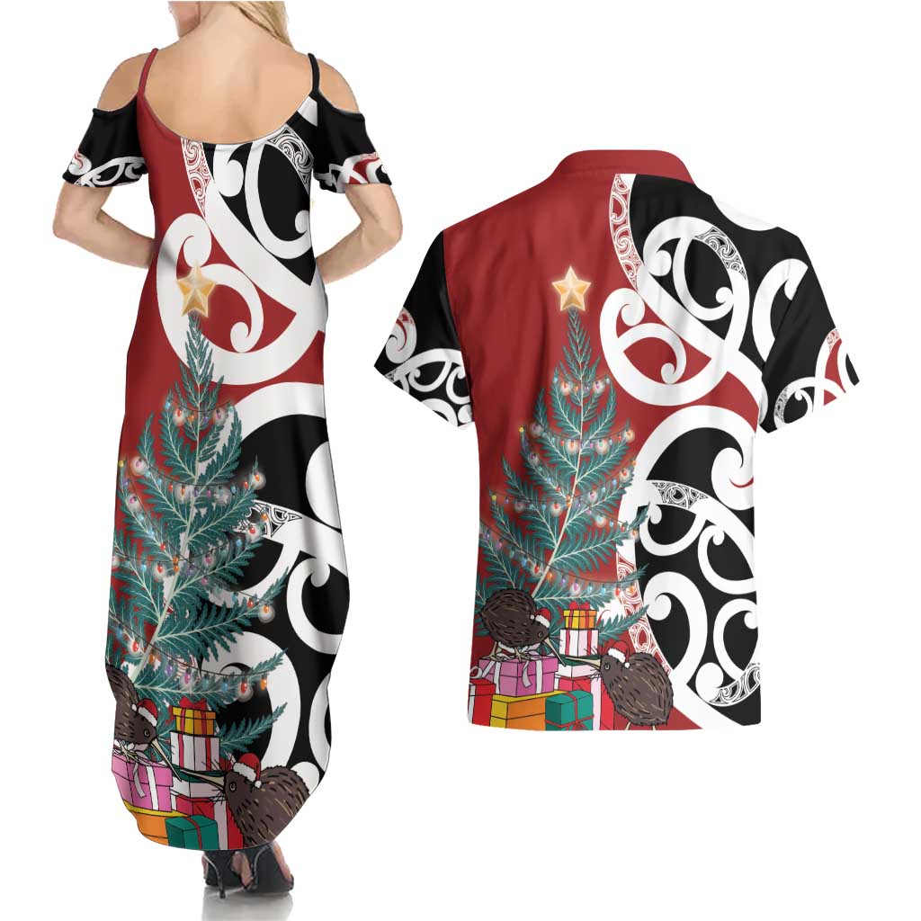 New Zealand Silver Fern Christmas Tree Couples Matching Summer Maxi Dress and Hawaiian Shirt Meri Kirihimete LT7 - Polynesian Pride