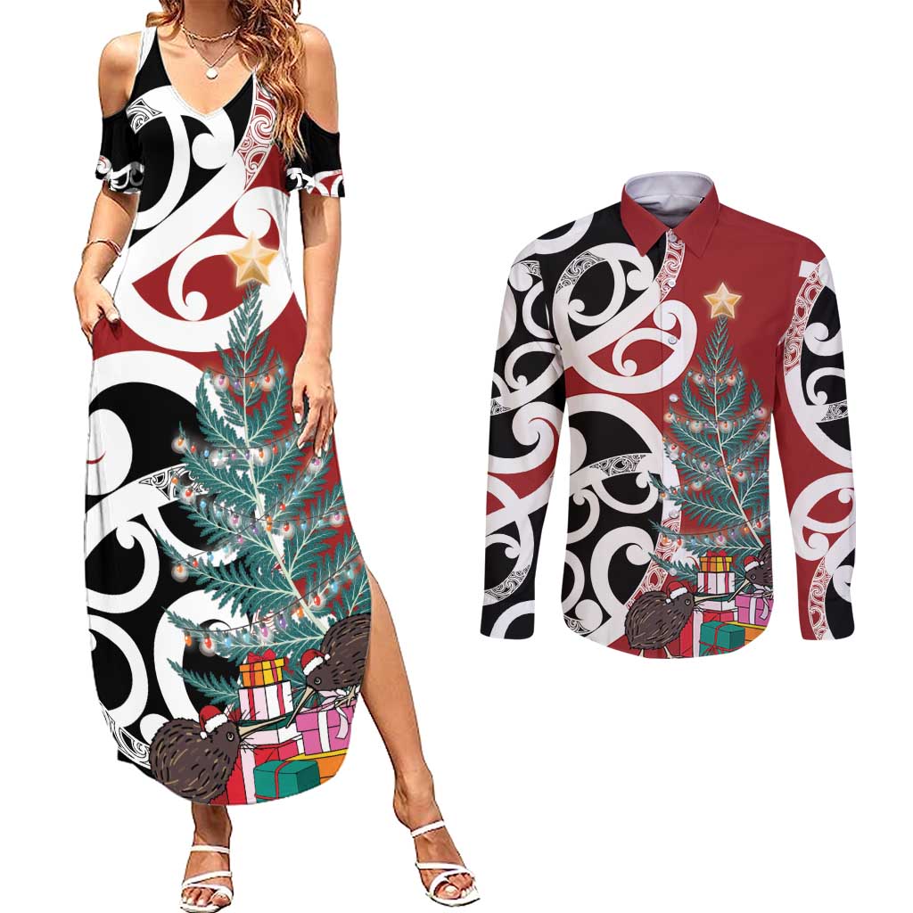 New Zealand Silver Fern Christmas Tree Couples Matching Summer Maxi Dress and Long Sleeve Button Shirt Meri Kirihimete LT7 Red - Polynesian Pride