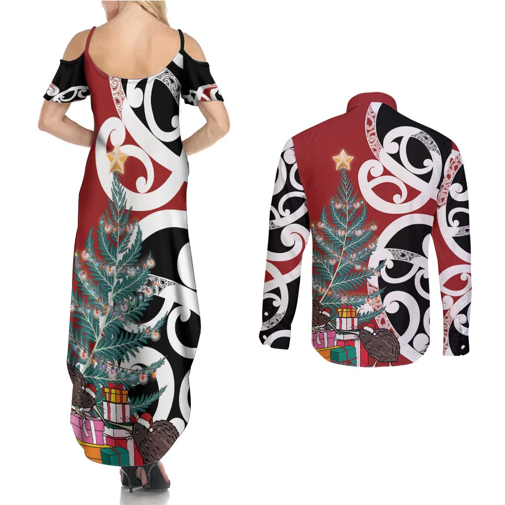 New Zealand Silver Fern Christmas Tree Couples Matching Summer Maxi Dress and Long Sleeve Button Shirt Meri Kirihimete LT7 - Polynesian Pride