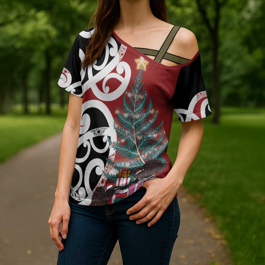 New Zealand Silver Fern Christmas Tree Cross Shoulder Shirt Meri Kirihimete LT7 - Polynesian Pride