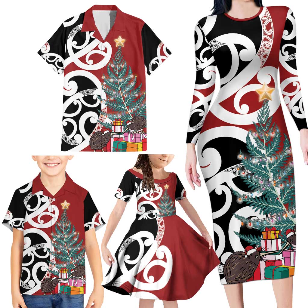 New Zealand Silver Fern Christmas Tree Family Matching Long Sleeve Bodycon Dress and Hawaiian Shirt Meri Kirihimete LT7 - Polynesian Pride