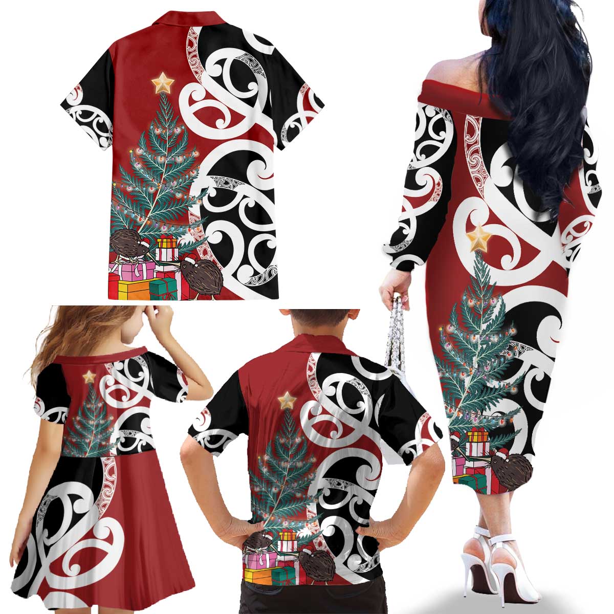New Zealand Silver Fern Christmas Tree Family Matching Off The Shoulder Long Sleeve Dress and Hawaiian Shirt Meri Kirihimete LT7 - Polynesian Pride