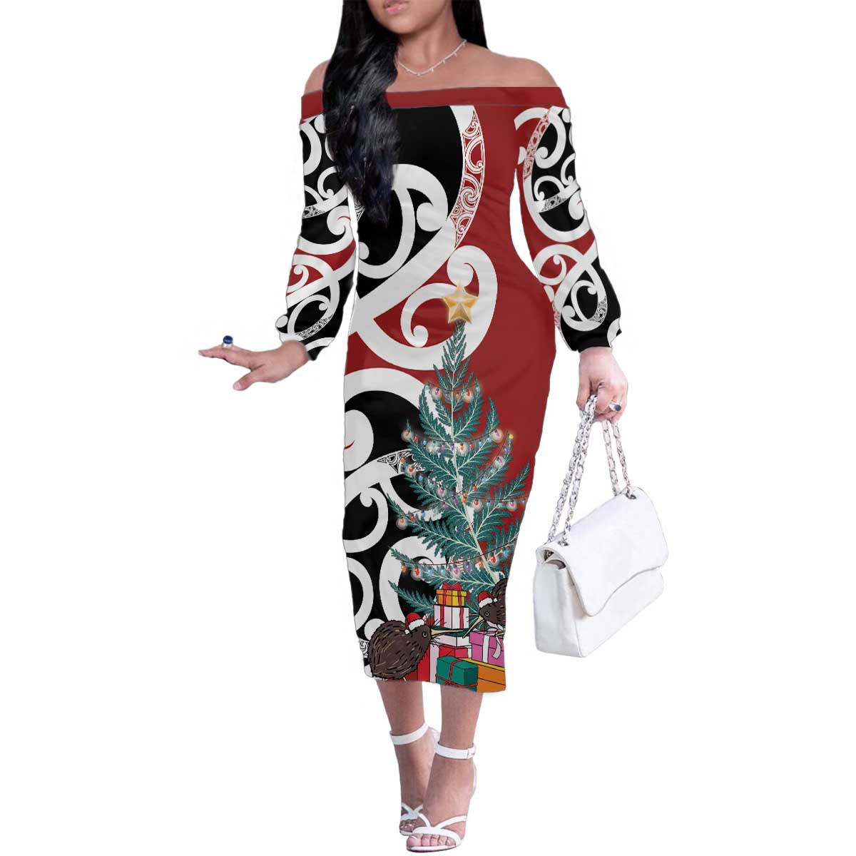 New Zealand Silver Fern Christmas Tree Family Matching Off The Shoulder Long Sleeve Dress and Hawaiian Shirt Meri Kirihimete LT7 Mom's Dress Red - Polynesian Pride
