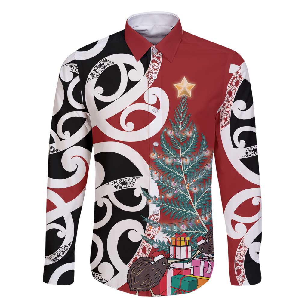 New Zealand Silver Fern Christmas Tree Family Matching Off Shoulder Maxi Dress and Hawaiian Shirt Meri Kirihimete LT7 Dad's Shirt - Long Sleeve Red - Polynesian Pride