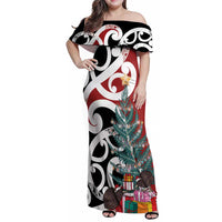 New Zealand Silver Fern Christmas Tree Family Matching Off Shoulder Maxi Dress and Hawaiian Shirt Meri Kirihimete LT7 Mom's Dress Red - Polynesian Pride