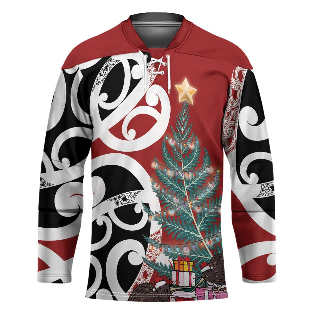 New Zealand Silver Fern Christmas Tree Hockey Jersey Meri Kirihimete LT7 Unisex Red - Polynesian Pride