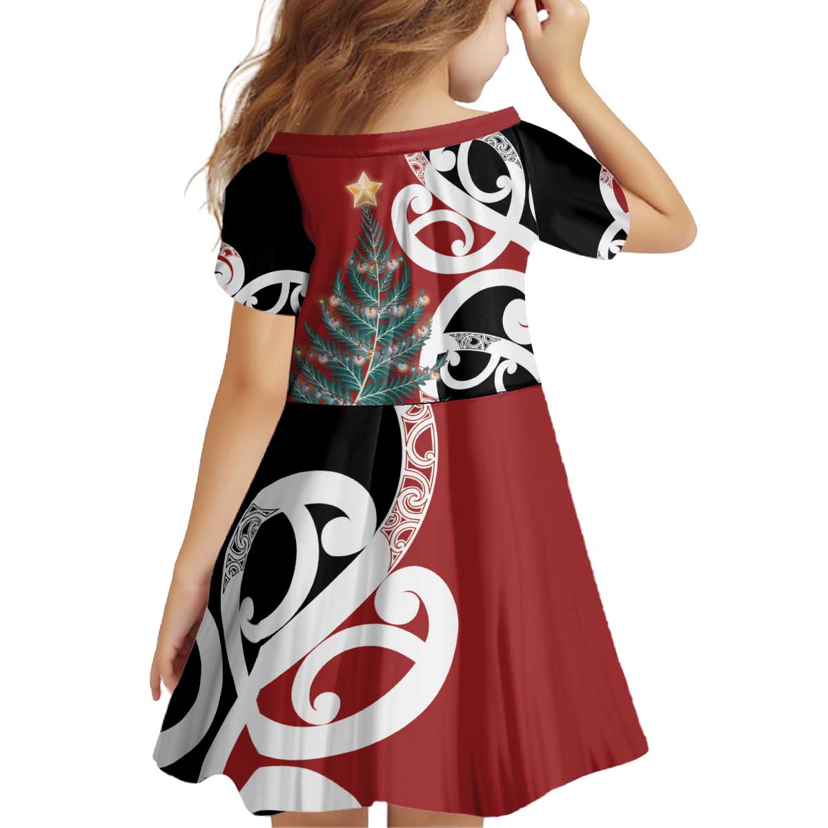 New Zealand Silver Fern Christmas Tree Kid Short Sleeve Dress Meri Kirihimete LT7 - Polynesian Pride