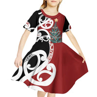 New Zealand Silver Fern Christmas Tree Kid Short Sleeve Dress Meri Kirihimete LT7 - Polynesian Pride