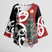 New Zealand Silver Fern Christmas Tree Kimono Sleeve Blouse Meri Kirihimete LT7 Female Red - Polynesian Pride