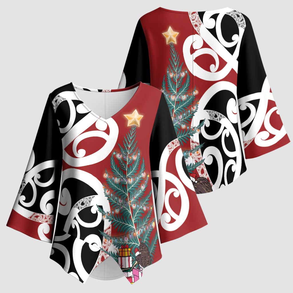 New Zealand Silver Fern Christmas Tree Kimono Sleeve Blouse Meri Kirihimete LT7 - Polynesian Pride