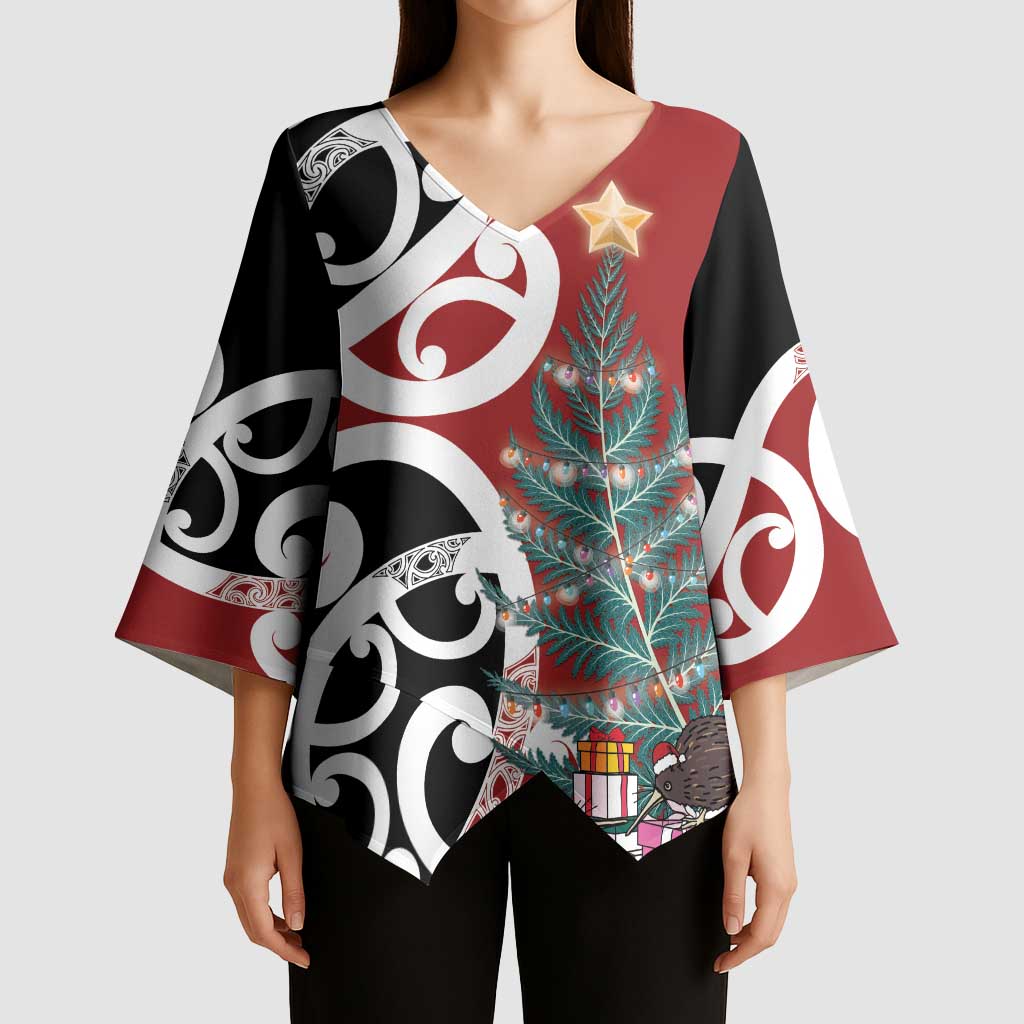 New Zealand Silver Fern Christmas Tree Kimono Sleeve Blouse Meri Kirihimete LT7 - Polynesian Pride