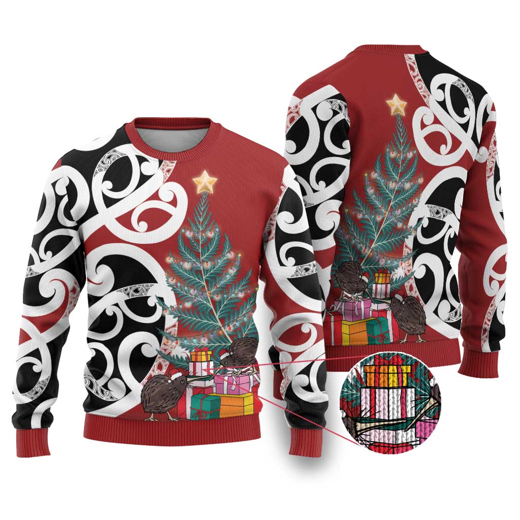 New Zealand Silver Fern Christmas Tree Ugly Christmas Sweater Meri Kirihimete LT7 Red - Polynesian Pride