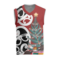 New Zealand Silver Fern Christmas Tree Christmas Knitted V-Neck Vest Meri Kirihimete LT7 Red - Polynesian Pride