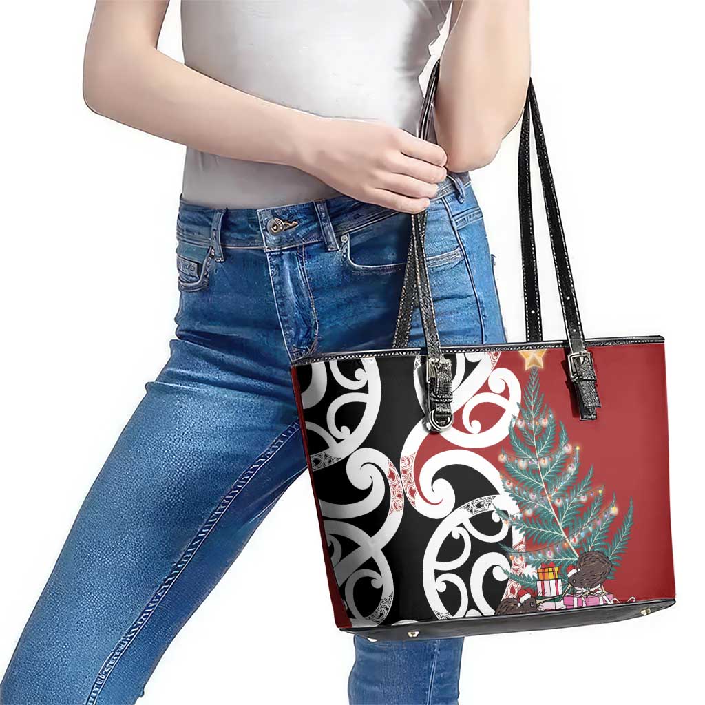 New Zealand Silver Fern Christmas Tree Leather Tote Bag Meri Kirihimete - Polynesian Pride