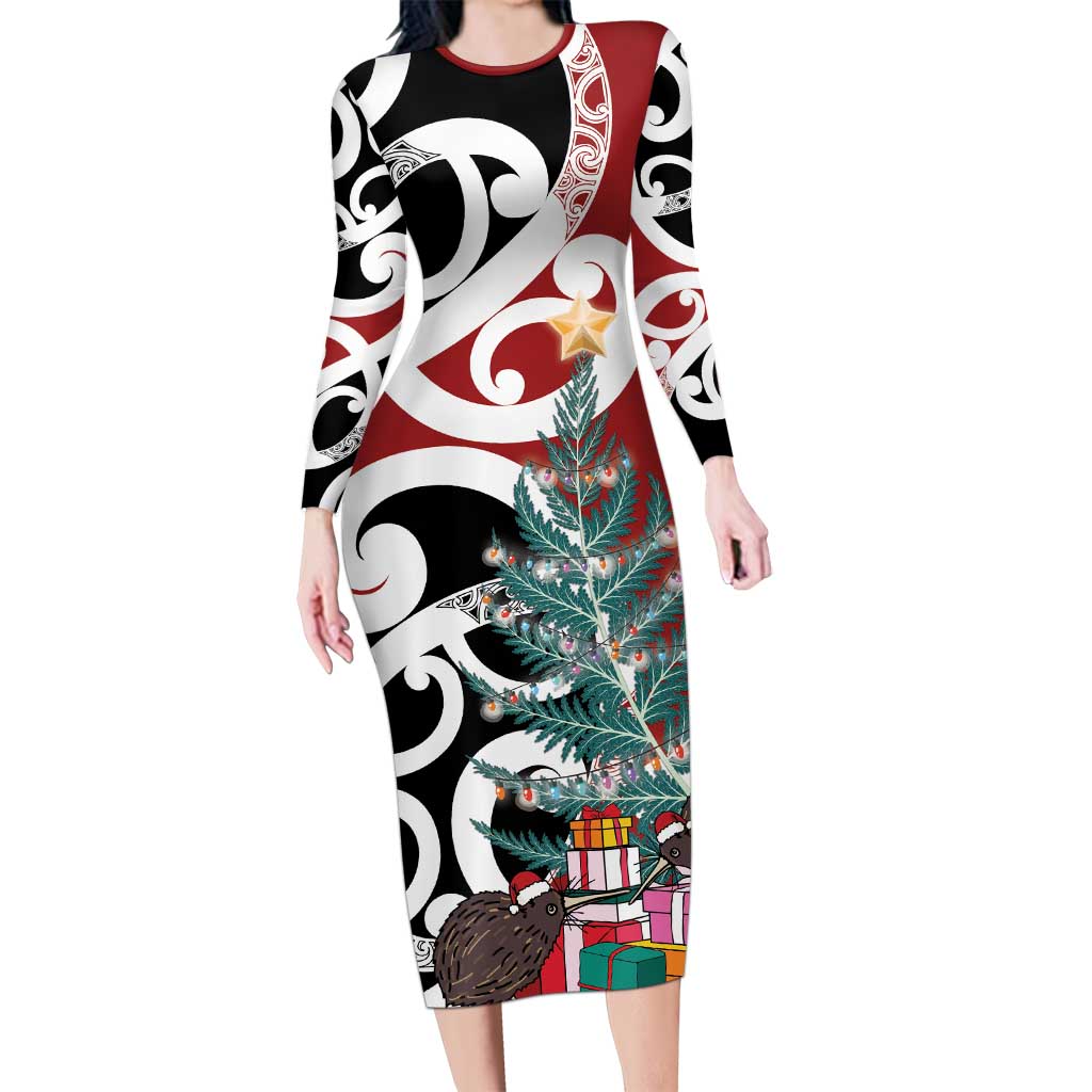 New Zealand Silver Fern Christmas Tree Long Sleeve Bodycon Dress Meri Kirihimete LT7 Long Dress Red - Polynesian Pride