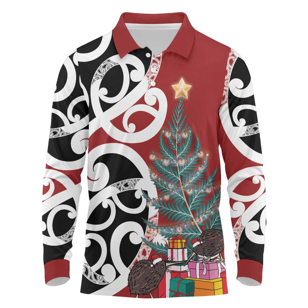 New Zealand Silver Fern Christmas Tree Long Sleeve Polo Shirt Meri Kirihimete LT7 Red - Polynesian Pride