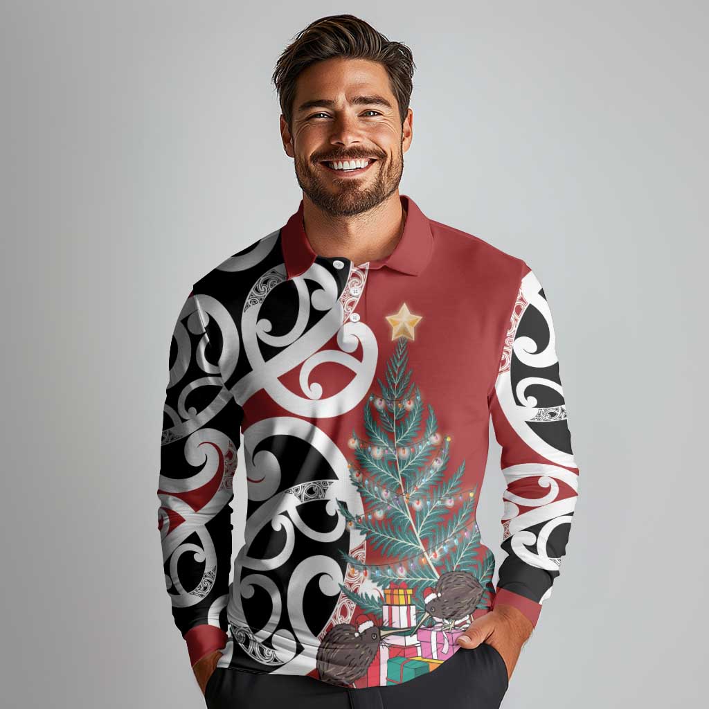 New Zealand Silver Fern Christmas Tree Long Sleeve Polo Shirt Meri Kirihimete LT7 - Polynesian Pride